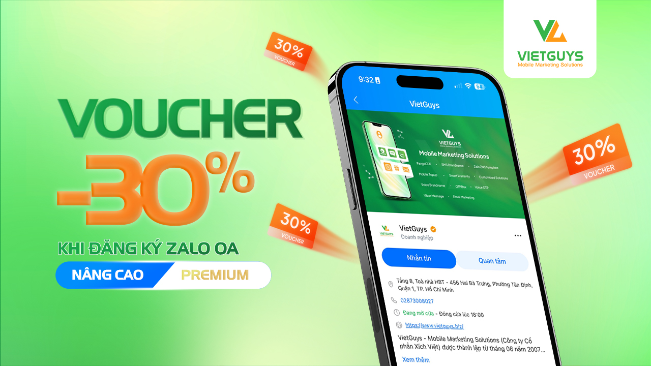 Ưu đãi độc quyền dành riêng cho khách hàng VietGuys: Giảm 30% khi đăng ký gói Zalo OA Nâng cao hoặc Premium